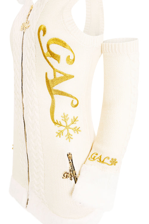 GAL* Frosted Fur Hood Knit Dress and Arm Warmers Set