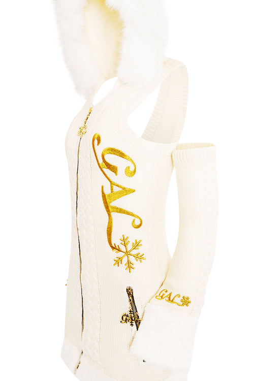 GAL* Frosted Fur Hood Knit Dress and Arm Warmers Set