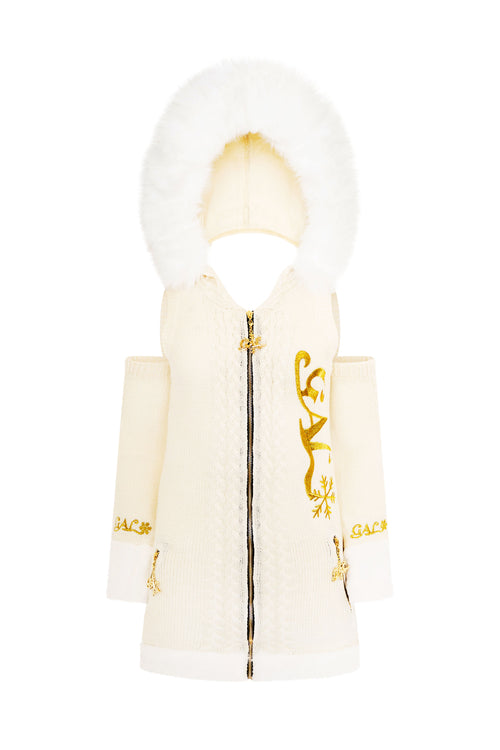 GAL* Frosted Fur Hood Knit Dress and Arm Warmers Set