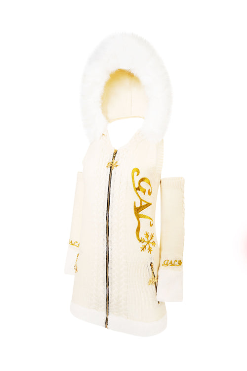 GAL* Frosted Fur Hood Knit Dress and Arm Warmers Set