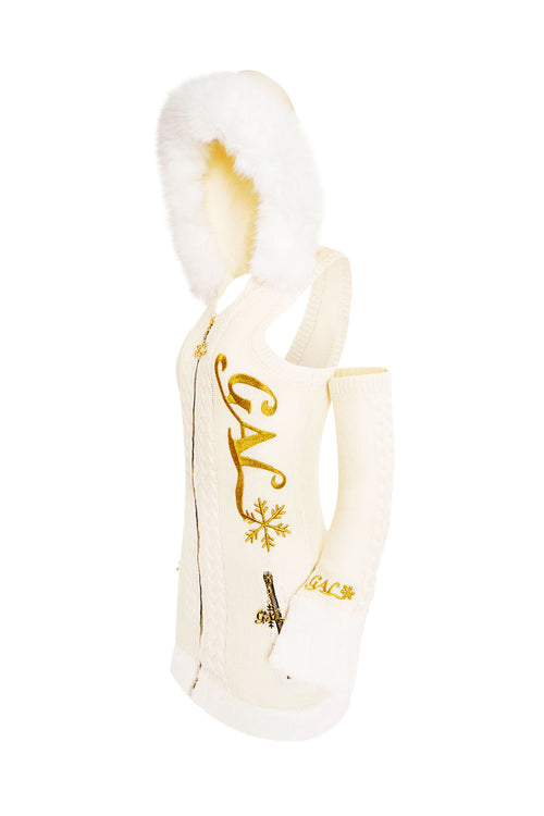 GAL* Frosted Fur Hood Knit Dress and Arm Warmers Set