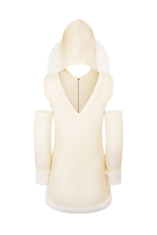 GAL* Frosted Fur Hood Knit Dress and Arm Warmers Set