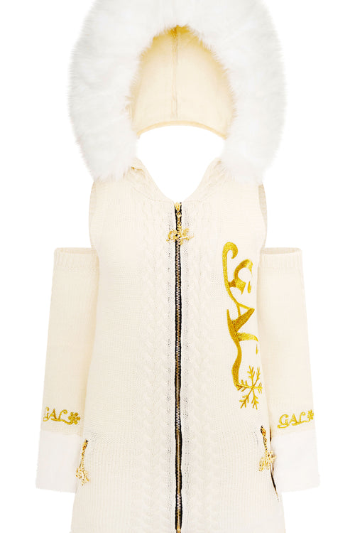 GAL* Frosted Fur Hood Knit Dress and Arm Warmers Set