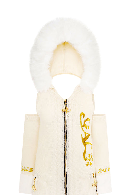 GAL* Frosted Fur Hood Knit Dress and Arm Warmers Set