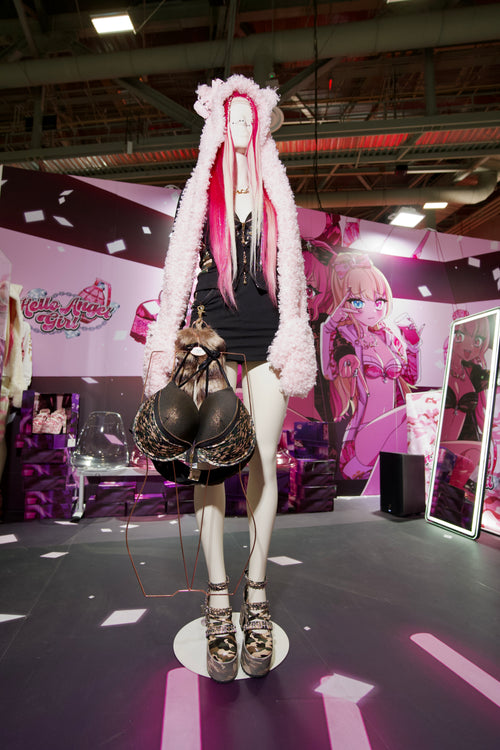 Pink Rave Kitty Hooded Scarf with Mittens