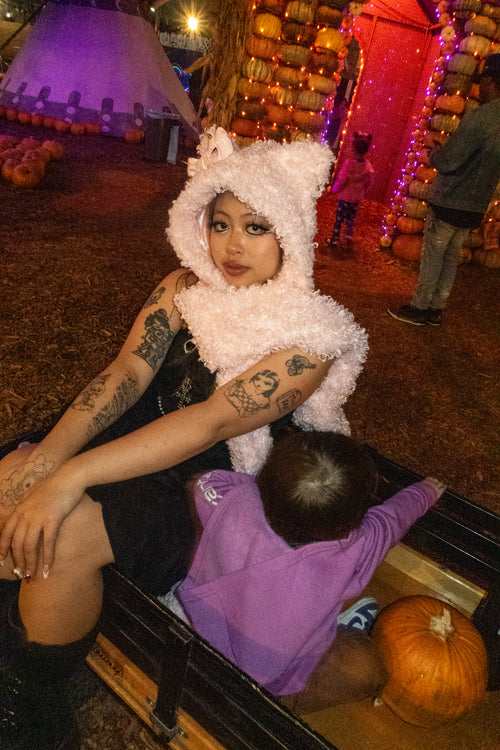 Pink Rave Kitty Hooded Scarf with Mittens