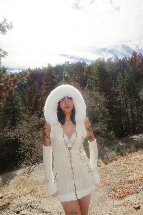 GAL* Frosted Fur Hood Knit Dress and Arm Warmers Set