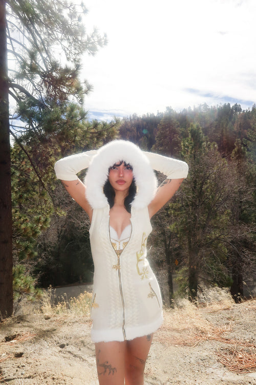 GAL* Frosted Fur Hood Knit Dress and Arm Warmers Set