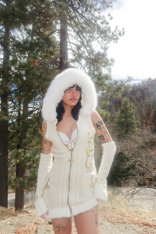 GAL* Frosted Fur Hood Knit Dress and Arm Warmers Set