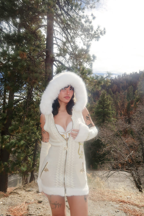 GAL* Frosted Fur Hood Knit Dress and Arm Warmers Set