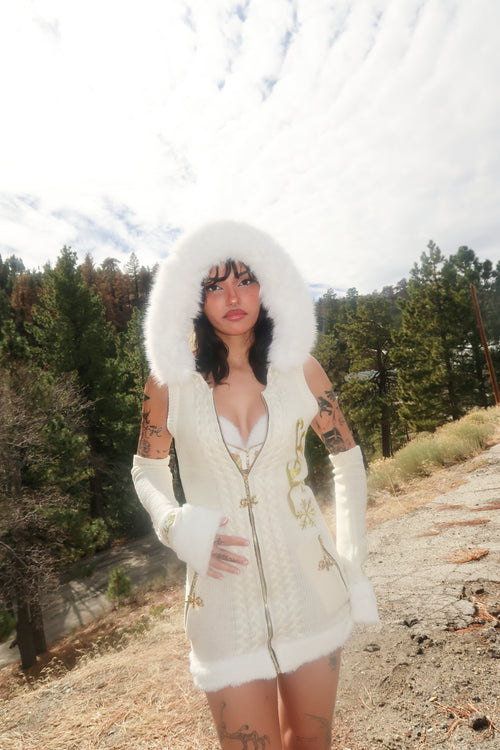 GAL* Frosted Fur Hood Knit Dress and Arm Warmers Set