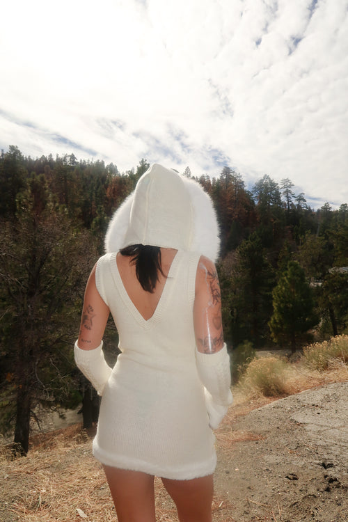 GAL* Frosted Fur Hood Knit Dress and Arm Warmers Set