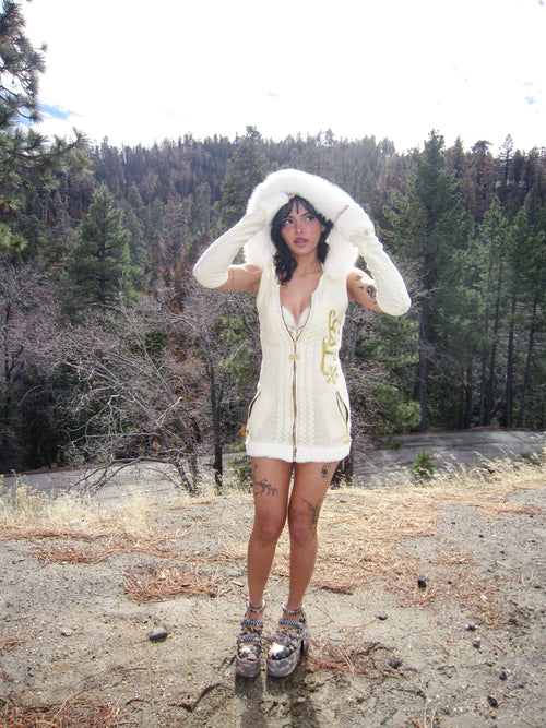 GAL* Frosted Fur Hood Knit Dress and Arm Warmers Set