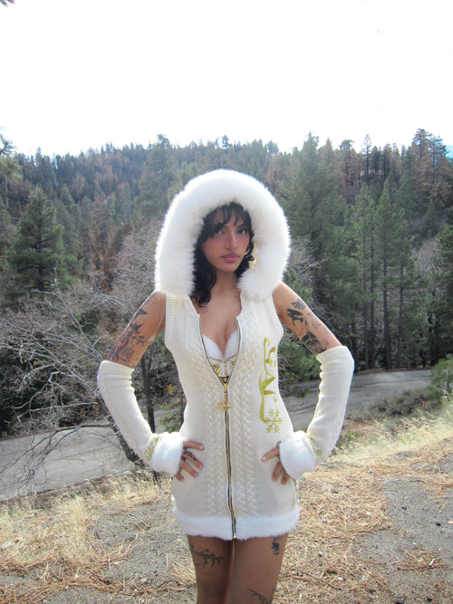 GAL* Frosted Fur Hood Knit Dress and Arm Warmers Set