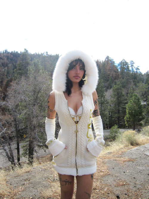 GAL* Frosted Fur Hood Knit Dress and Arm Warmers Set