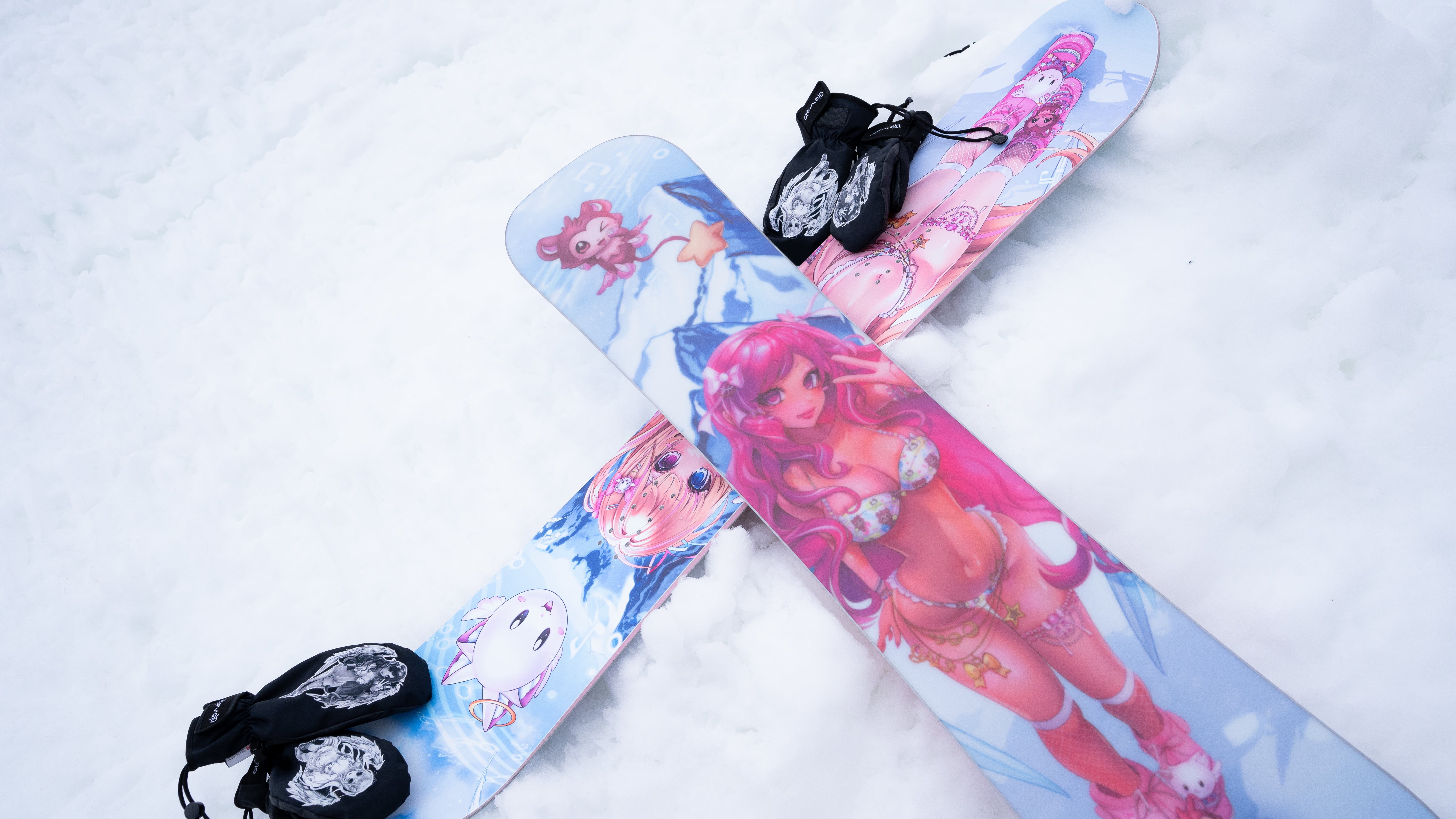 Premium Photo | A cartoon girl is riding a snowboard in a painting.