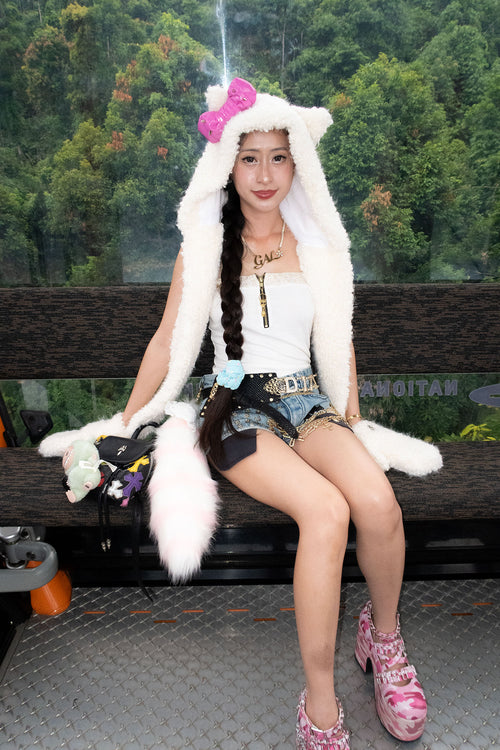 White Rave Kitty Hooded Scarf with Mittens