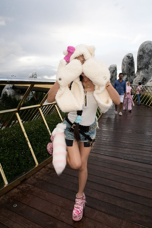 White Rave Kitty Hooded Scarf with Mittens